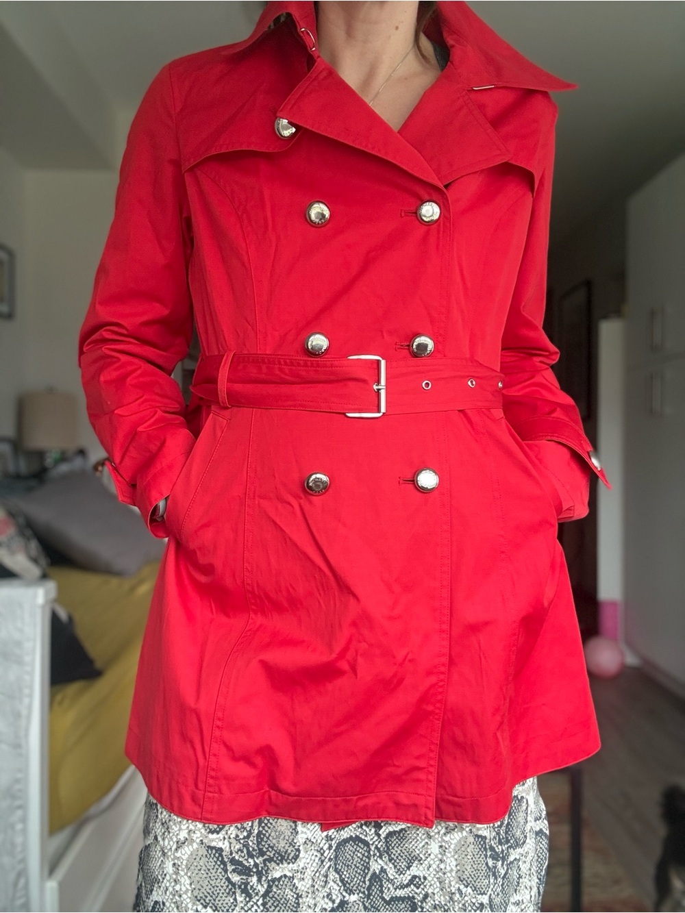 MICHAEL Michael Kors Bright Red Double-Breasted Short Trench Coat — Size M